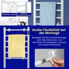 A collage of images showing a towel warmer, its features, and installation flexibility. Produktbild-Vorschau