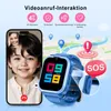 A child's smartwatch is shown next to a smartphone displaying a video call, with a map and location pins in the background, illustrating features like video calls and GPS tracking. Produktbild-Vorschau
