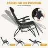 A black reclining garden chair shown in various positions, with a close-up of the adjustment knob and a diagram showing different modes of use. Produktbild-Vorschau