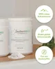 Two white containers of ZeoBentMED detox powder are shown, with a pile of powder in the foreground. Three circular marketing graphics with text and icons are on the right side of the image. Produktbild-Vorschau