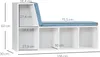 A diagram of a white bookshelf with blue cushions, showing dimensions. Produktbild-Vorschau