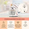 A kitchen mixer is shown on a countertop with a blurred background. The image is divided into sections with text and icons describing the product's features. Produktbild-Vorschau