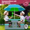 Two children are sitting at a picnic table under a colorful umbrella, holding green cups. Anteprima dell’immagine prodotto
