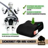 A robot is shown sitting on a car seat booster, with text highlighting safety features and a separate image of the booster seat itself. Produktbild-Vorschau