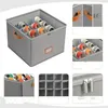 A collage of images showing a grey fabric shoe organizer with multiple compartments, some filled with shoes. Close-ups show the handles, interior dividers, and zipper. Náhled obrázku produktu