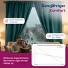 A couple is reading a book on a couch in front of a window with teal curtains, while it is raining outside. The image also contains marketing text and a graph. Produktbild-Vorschau