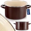 A brown enamel pot with two handles, shown from a slightly elevated angle, with a close-up of the pot's rim and a smaller view of the pot at the bottom. Náhled obrázku produktu
