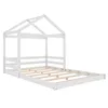 A white wooden house bed frame with a slatted base, shown from a diagonal angle against a white background. Produktbild-Vorschau
