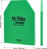 A green weight plate with dimensions and warnings printed on it, shown from the front and side. Náhľad obrázku produktu