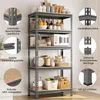 A metal shelving unit filled with kitchen items, with close-up feature callouts. Produktbild-Vorschau