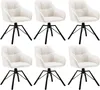 Six cream-colored swivel chairs with black legs are arranged in two rows on a white background.