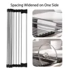 A collage image showing a rolled-up dish rack and close-ups of it in use over a sink. Náhled obrázku produktu