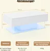 A diagram showing the dimensions and material information of a white coffee table. Voir les images du produit