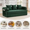 A green sofa bed is shown in the main image, with four smaller circular images below illustrating different scenarios where the sofa can be used: a living room, an attic bedroom, an apartment living area, and a home office. Produktbild-Vorschau