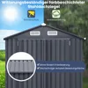 A dark gray metal shed is shown with a split background depicting sunshine on the left and rain on the right, illustrating its weather resistance. Text overlays highlight features. Náhled obrázku produktu
