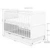 A white baby crib with a drawer underneath, shown with measurement annotations. Produktbild-Vorschau
