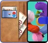 A book-style phone case open to reveal cards and cash, with a smartphone inside. Produktbild-Vorschau