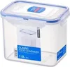 A clear studio shot of a transparent food storage container with a blue lid. Produktbild-Vorschau