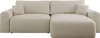 A beige boucle L-shaped sectional sofa with two throw pillows, shown from the front on a white background. Produktbild-Vorschau