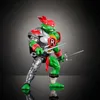 A full-body shot of a Raphael action figure from the MOTU x TMNT: Turtles of Grayskull line, standing against a gradient gray and black background. Voir les images du produit