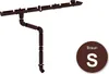 A brown gutter system and downspout components are displayed against a white background, with a circular brown swatch labeled 'Braun S' in the lower right corner. Produktbild-Vorschau