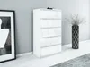 A white, high-gloss chest of drawers with five drawers is shown in a room with a gray wall and a framed picture on the left. A tall vase with dried branches is on the right. Produktbild-Vorschau