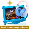 A blue tablet in a protective case and blue headphones are shown, with a golden plus sign above them. Produktbild-Vorschau