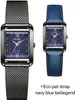 Two Citizen watches are displayed side-by-side against a white background. The watch on the left has a mesh metal strap, while the watch on the right has a blue leather strap. Text below the watches reads '+Eco-pet strap navy blue beiliegend'. Voir les images du produit