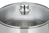 Close-up view of the inside of a stainless steel pot with a glass lid and a perforated insert. Produktbild-Vorschau
