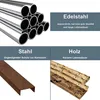 A collage of images comparing different materials: stainless steel pipes, a piece of steel, and a piece of wood, with text descriptions. Anteprima dell’immagine prodotto
