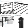 A collage of four images showcasing different features of a black metal bed frame. Podgląd zdjęcia produktu
