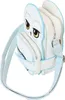 A white owl-shaped handbag with light blue trim and straps, shown from a side angle against a white background. Produktbild-Vorschau
