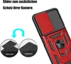A red and black phone case with a camera slider and a ring holder, shown with instructional diagrams. Produktbild-Vorschau