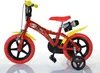 A red children's bicycle with yellow accents and training wheels, presented against a white background. Produktbild-Vorschau