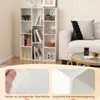 A white bookshelf filled with books and decorative items, next to a couch and a coffee table. The bottom part of the image shows close-ups of the bookshelf's surface and corners. Podgląd zdjęcia produktu