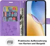 A purple flip-style phone case is shown open, displaying card slots and a bill compartment, with a smartphone inserted. Produktbild-Vorschau