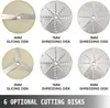 A collage of six different cutting disks for a food processor or slicer. Podgląd zdjęcia produktu