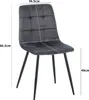 A gray upholstered chair with black metal legs, showing dimensions. Produktbild-Vorschau