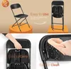 Collage of images showing a black folding chair, its features, and how to use it. Podgląd zdjęcia produktu