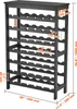 A black wooden wine rack with dimensions indicated by text and lines. Produktbild-Vorschau