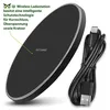 A black wireless charging pad with a silver rim and a black USB-C cable next to it. Text overlays describe its features. Produktbild-Vorschau