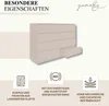 A beige dresser with one drawer slightly open, surrounded by marketing icons and text. Produktbild-Vorschau