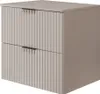 A side-angle view of a beige, two-drawer cabinet with fluted drawer fronts and black handles. Anteprima dell’immagine prodotto
