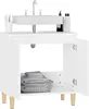 A white bathroom vanity with a sink and faucet, showing the interior with folded towels in a basket. Náhled obrázku produktu