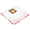 A white vacuum cleaner bag with a brown cardboard attachment is shown on a white background. Red arrows indicate the dimensions of the bag. Produktbild-Vorschau