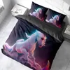 A bed with a duvet cover and pillowcases featuring a 3D unicorn design. Produktbild-Vorschau