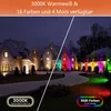 A split image showing a house at night, with one side illuminated by warm white light and the other by colorful RGB lights. Náhled obrázku produktu