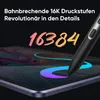 A stylus is shown hovering over a tablet screen, with text overlay highlighting product features. Produktbild-Vorschau