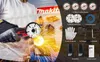 A person using a mini angle grinder with sparks flying, surrounded by a collage of the product's accessories and specifications. Náhled obrázku produktu