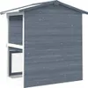 A gray wooden rabbit hutch with a white trim and a mesh door. Produktbild-Vorschau